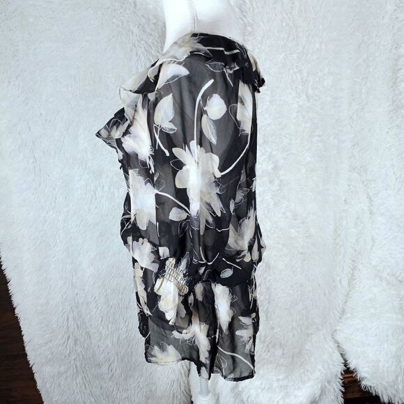 BISOU BISOU BLACK & CREAM FLORAL SHEER BLOUSE SZ.L EUC - Picture 3 of 7